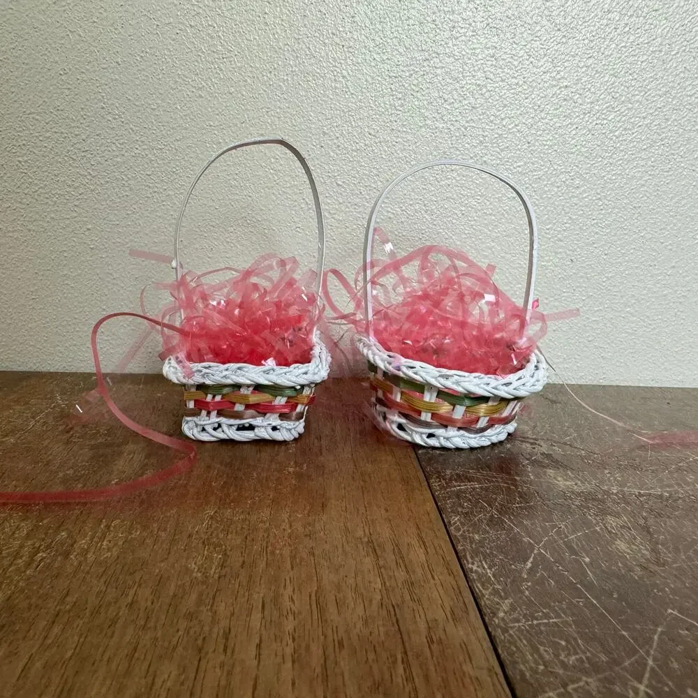 Set of two MINIATURE Woven Wicker‎ Painted Easter Baskets Pink Grass Decor